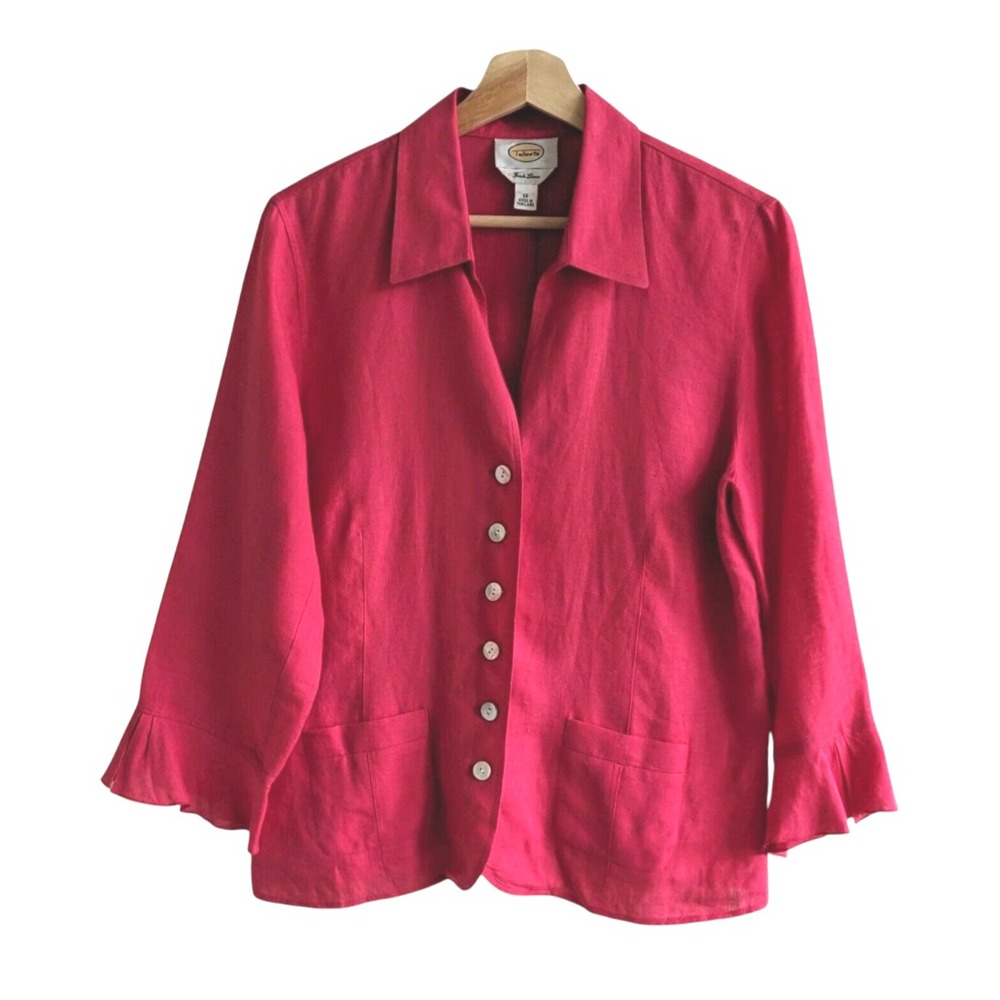 VTG TALBOTS Irish Linen Button-Up Shirt Top FLARE SLEEVE CUFF Dark Hot Pink 12
